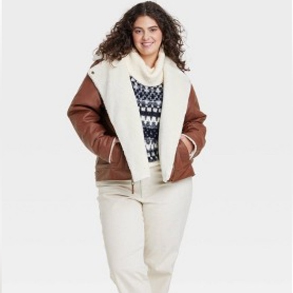 NWT - Universal Thread Women's Oversized Faux Leather Moto Jacket, Brown - Large - Picture 2 of 10